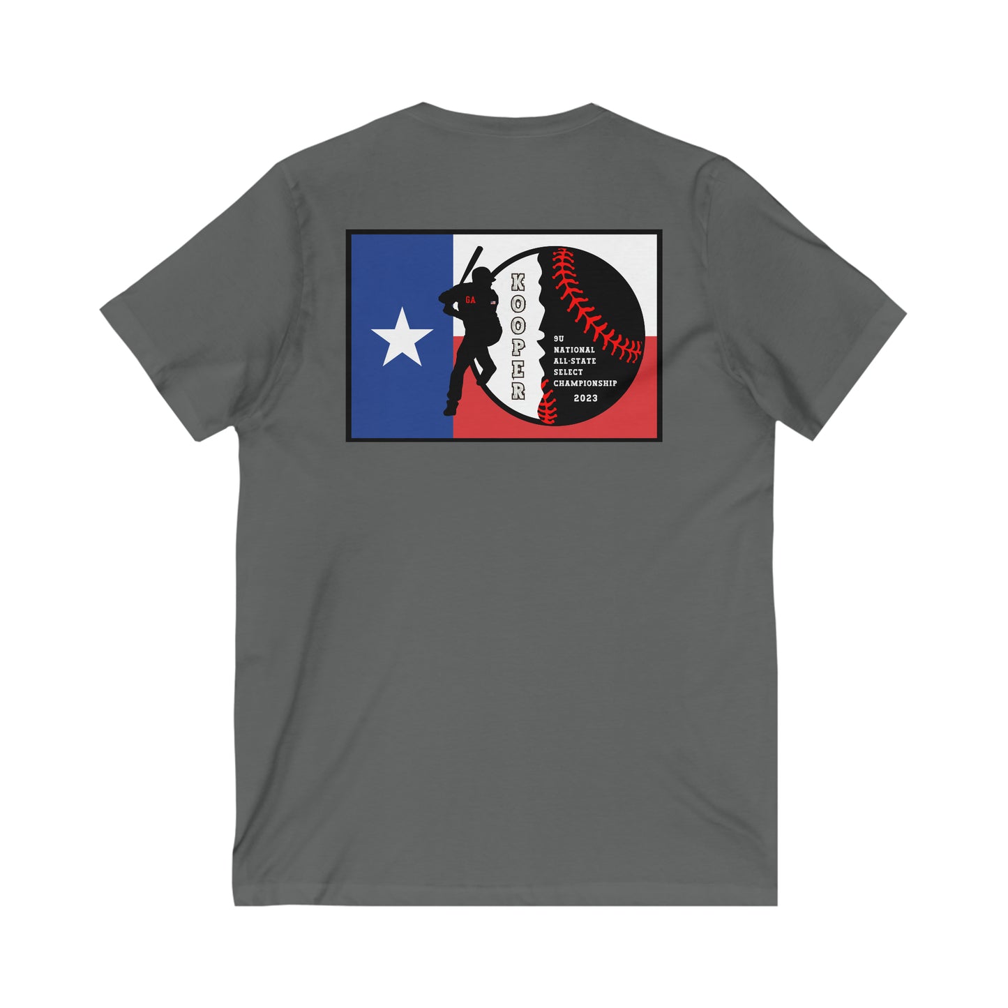 All about baseball on the front - Texas flag with tourney & Kooper on the back - Unisex Jersey Short Sleeve V-Neck Tee