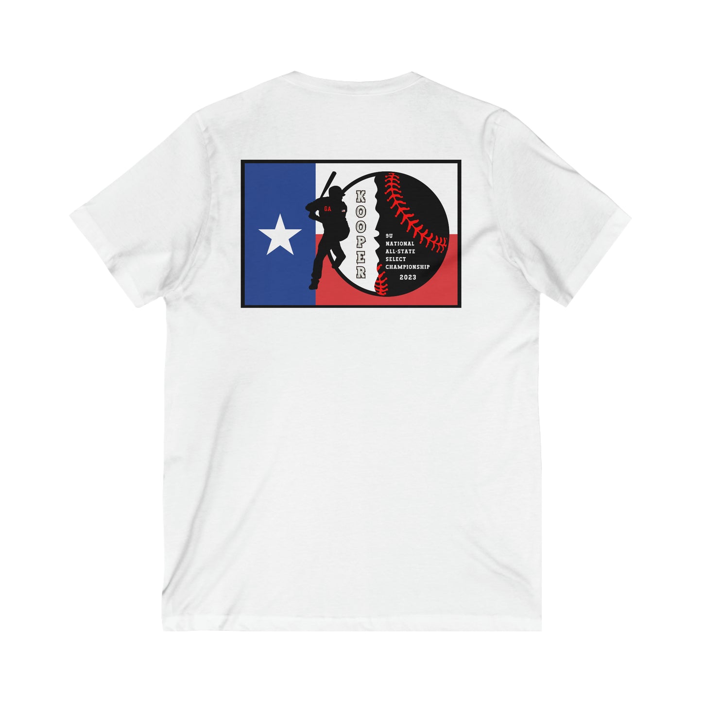 All about baseball on the front - Texas flag with tourney & Kooper on the back - Unisex Jersey Short Sleeve V-Neck Tee