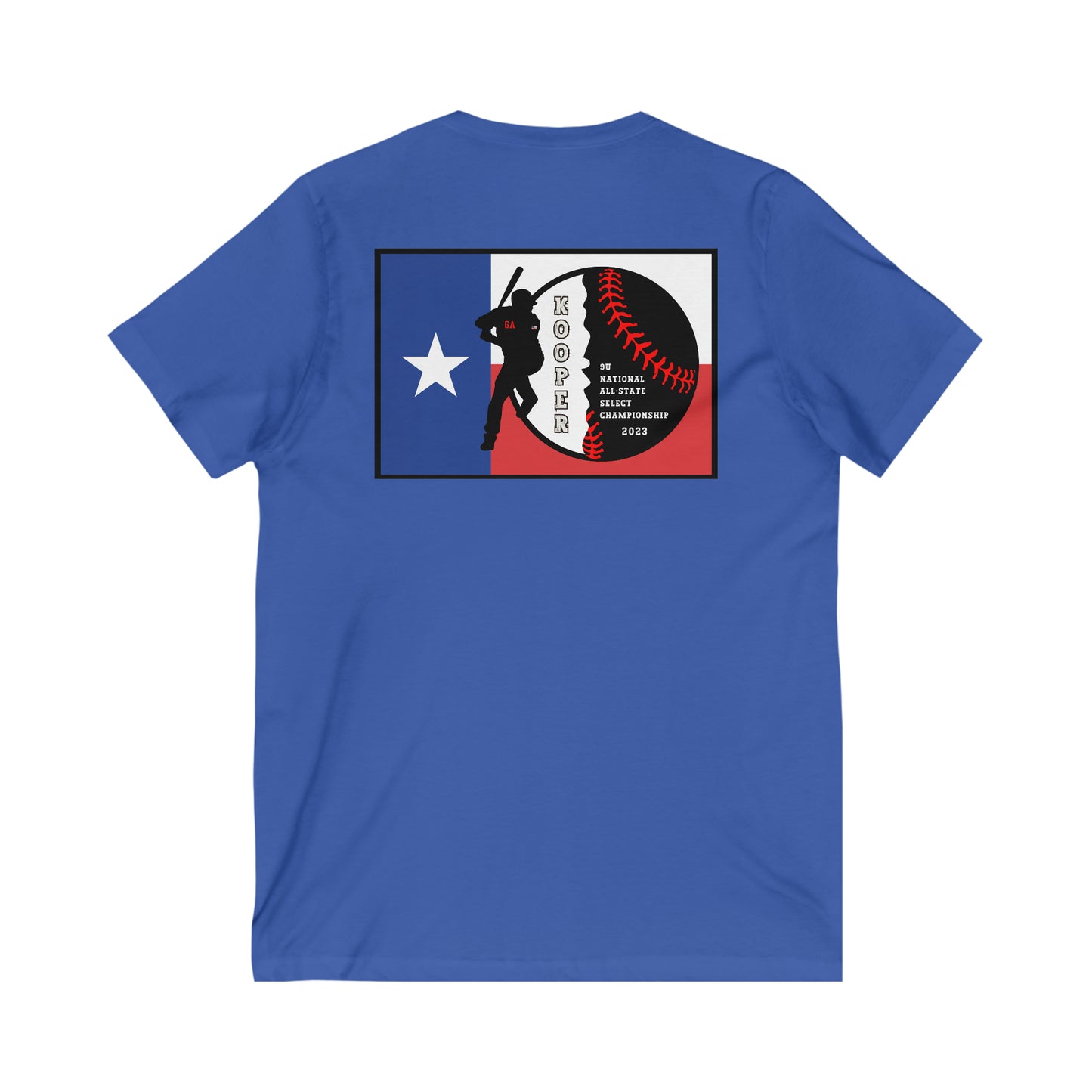All about baseball on the front - Texas flag with tourney & Kooper on the back - Unisex Jersey Short Sleeve V-Neck Tee