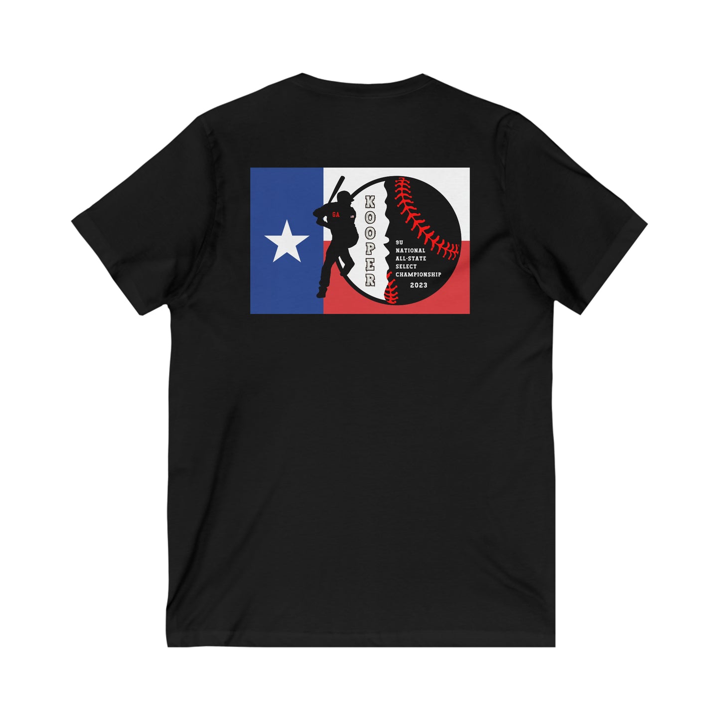 All about baseball on the front - Texas flag with tourney & Kooper on the back - Unisex Jersey Short Sleeve V-Neck Tee