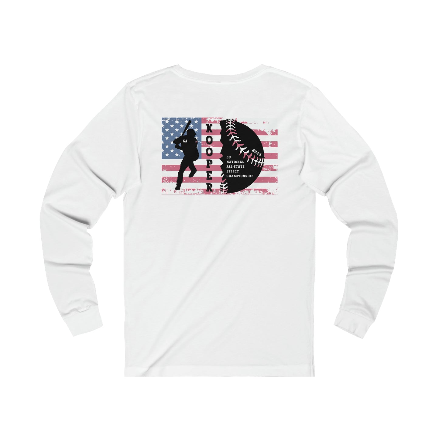 2023 Home Plate on the front - Kooper with U.S. flag and tourney on the back - Unisex Jersey Long Sleeve Tee