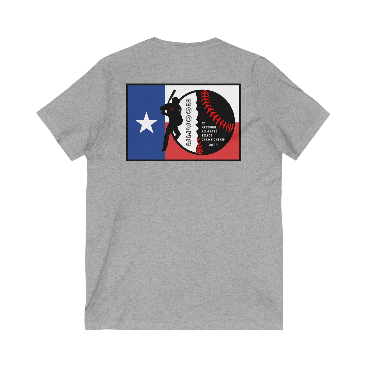 All about baseball on the front - Texas flag with tourney & Kooper on the back - Unisex Jersey Short Sleeve V-Neck Tee