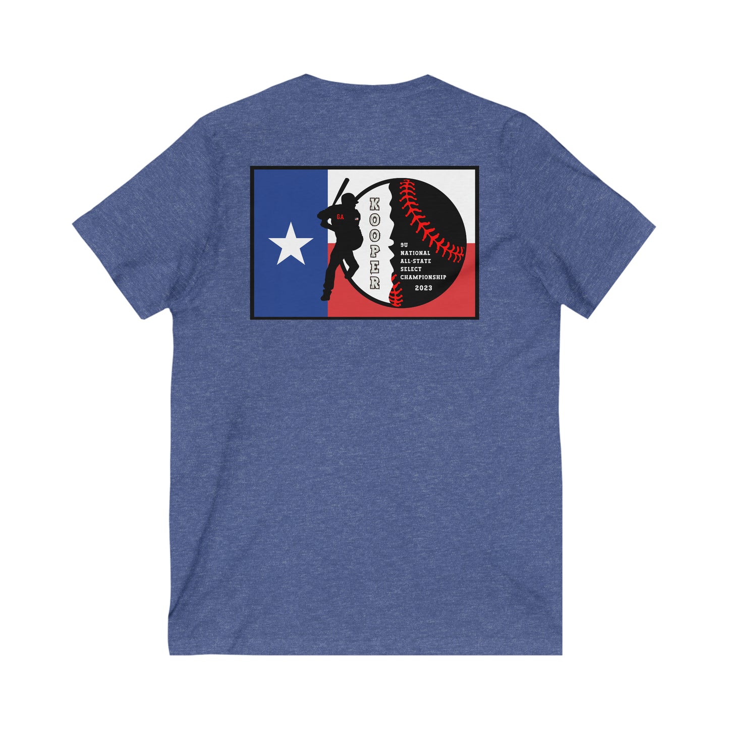All about baseball on the front - Texas flag with tourney & Kooper on the back - Unisex Jersey Short Sleeve V-Neck Tee