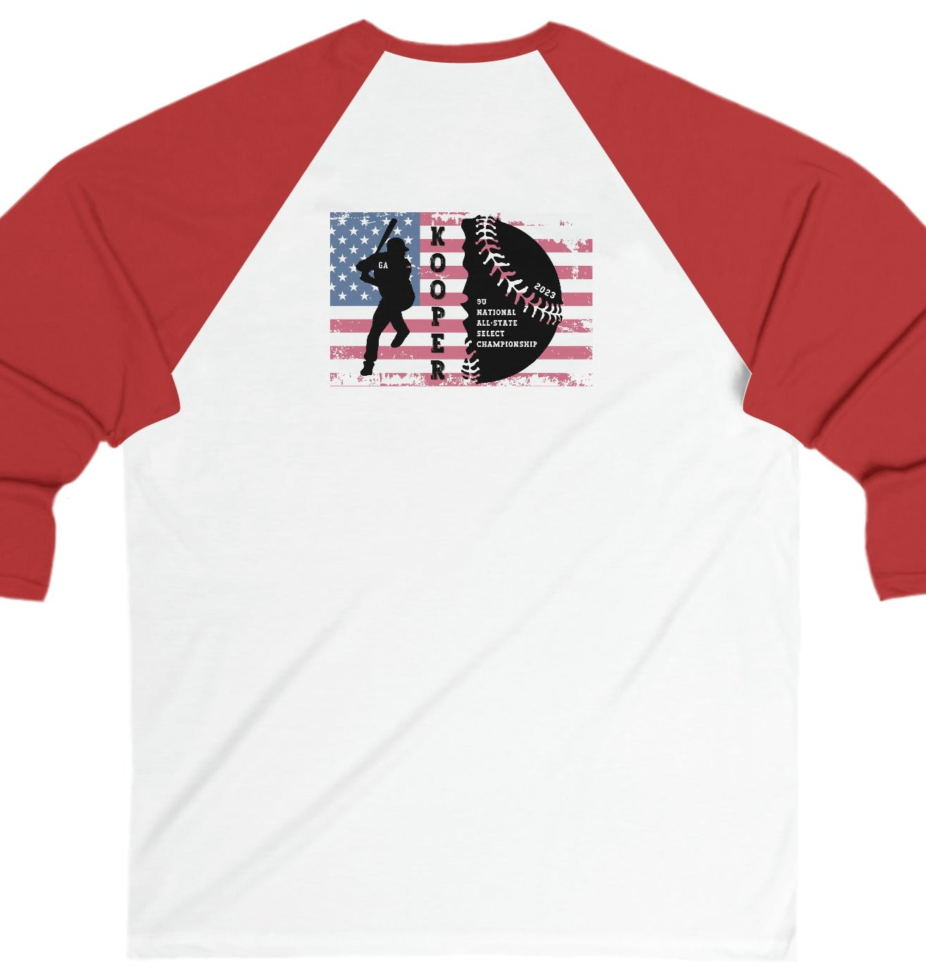2023 Home Plate on the front - Kooper with U.S. flag and tourney on the back - Unisex 3\4 Sleeve Baseball Tee - *** Runs small
