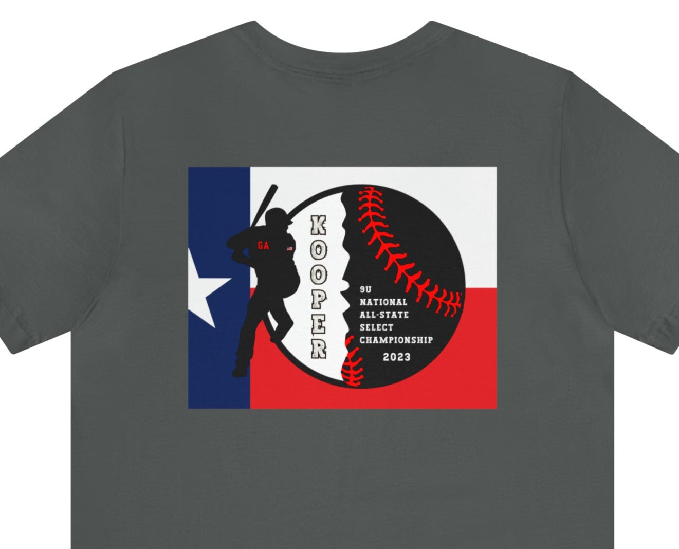 Georgia baseball with home plate on the front - Texas flag with tourney - Kooper on the back - Unisex Jersey Short Sleeve Tee - crew neck