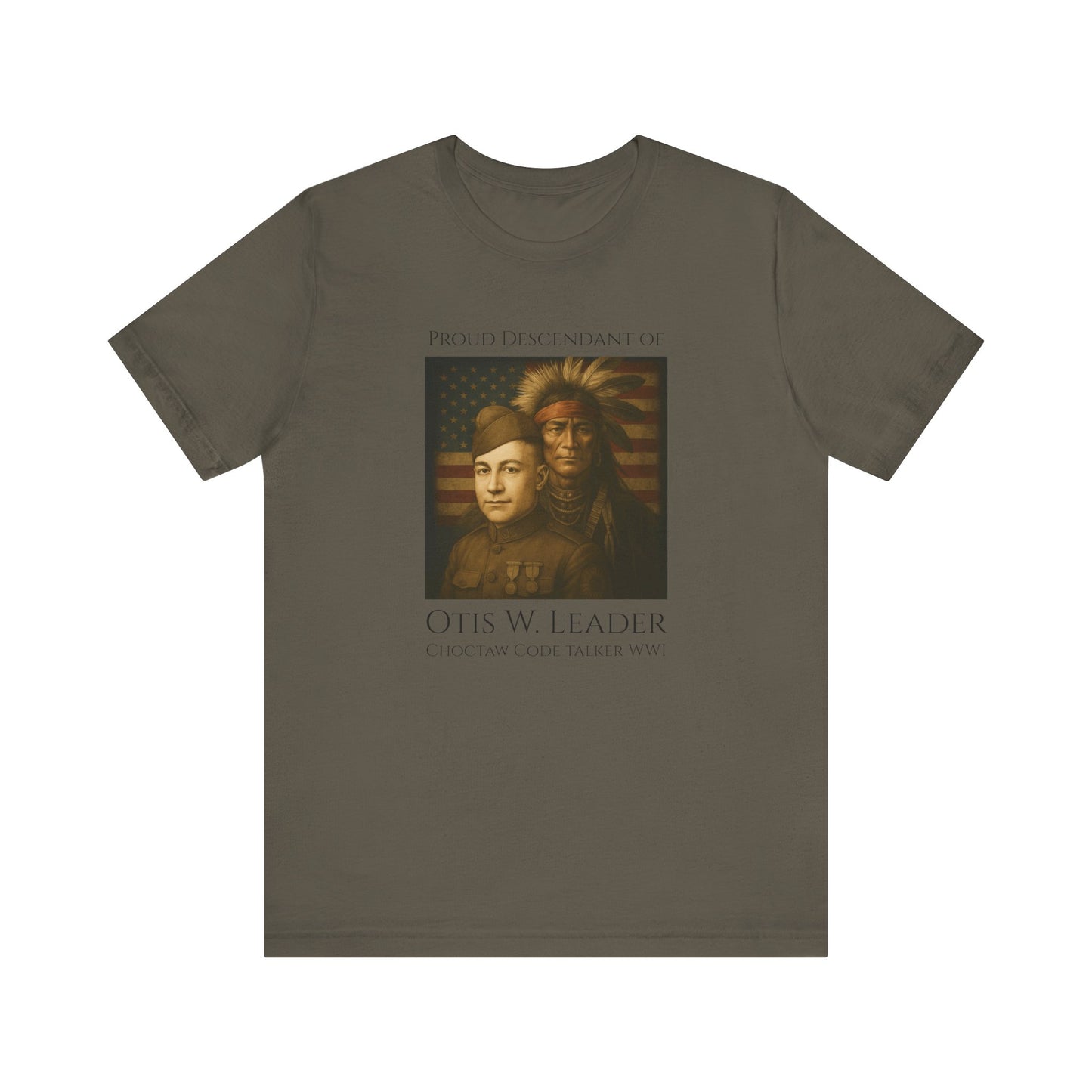 Descendant of Otis W. Leader - Adult - Crew Neck T shirt - Graphic on Front