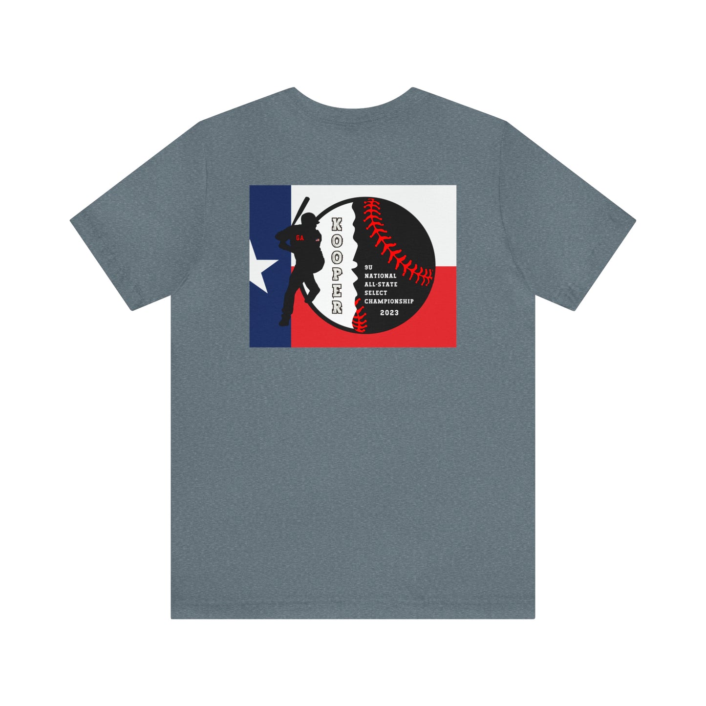 Georgia baseball with home plate on the front - Texas flag with tourney - Kooper on the back - Unisex Jersey Short Sleeve Tee - crew neck