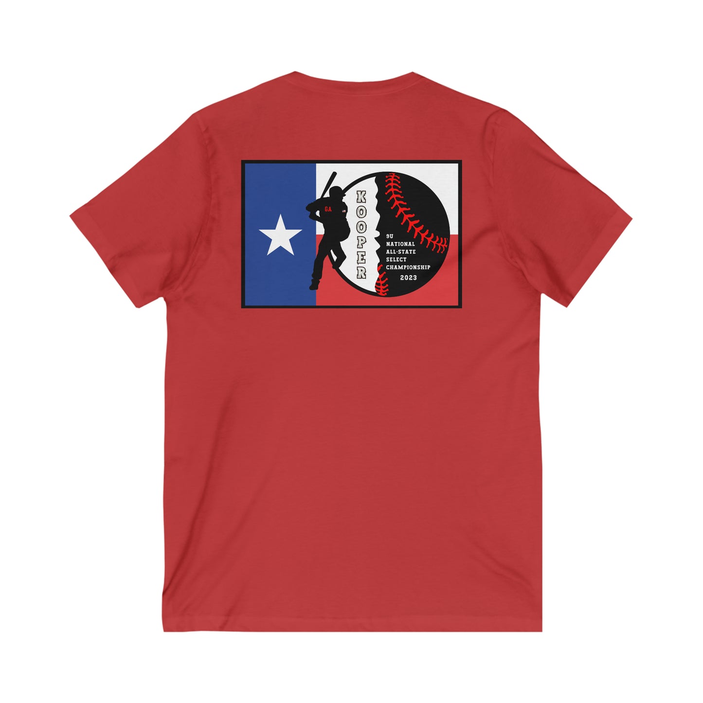 All about baseball on the front - Texas flag with tourney & Kooper on the back - Unisex Jersey Short Sleeve V-Neck Tee
