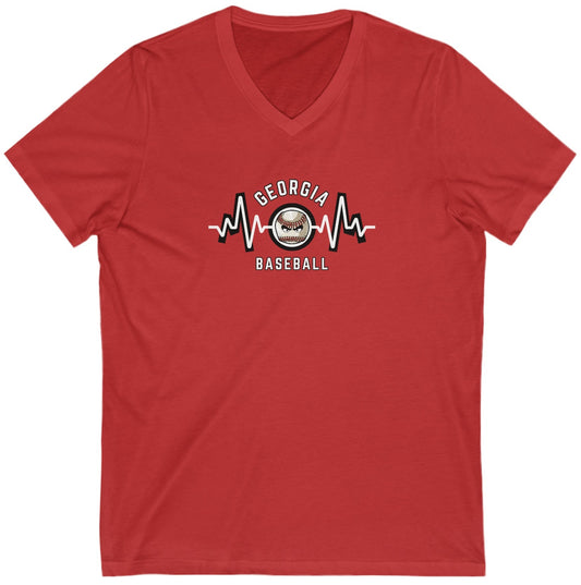 Baseball Mom Heartbeat on front - Unisex Jersey Short Sleeve V-Neck Tee