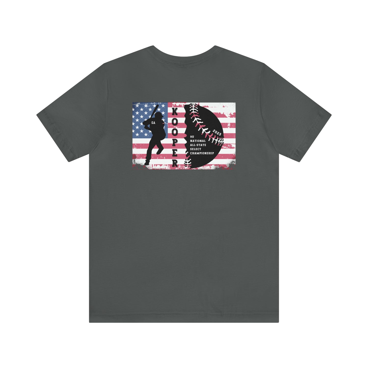 2023 Home Plate on the front - Kooper with U.S. flag and tourney on the back - Unisex Jersey Short Sleeve Tee