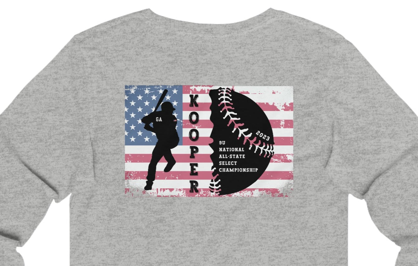 2023 Home Plate on the front - Kooper with U.S. flag and tourney on the back - Unisex Jersey Long Sleeve Tee