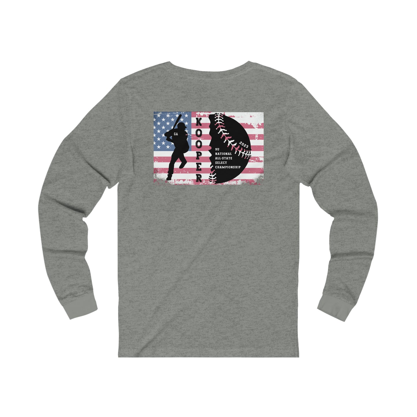 2023 Home Plate on the front - Kooper with U.S. flag and tourney on the back - Unisex Jersey Long Sleeve Tee