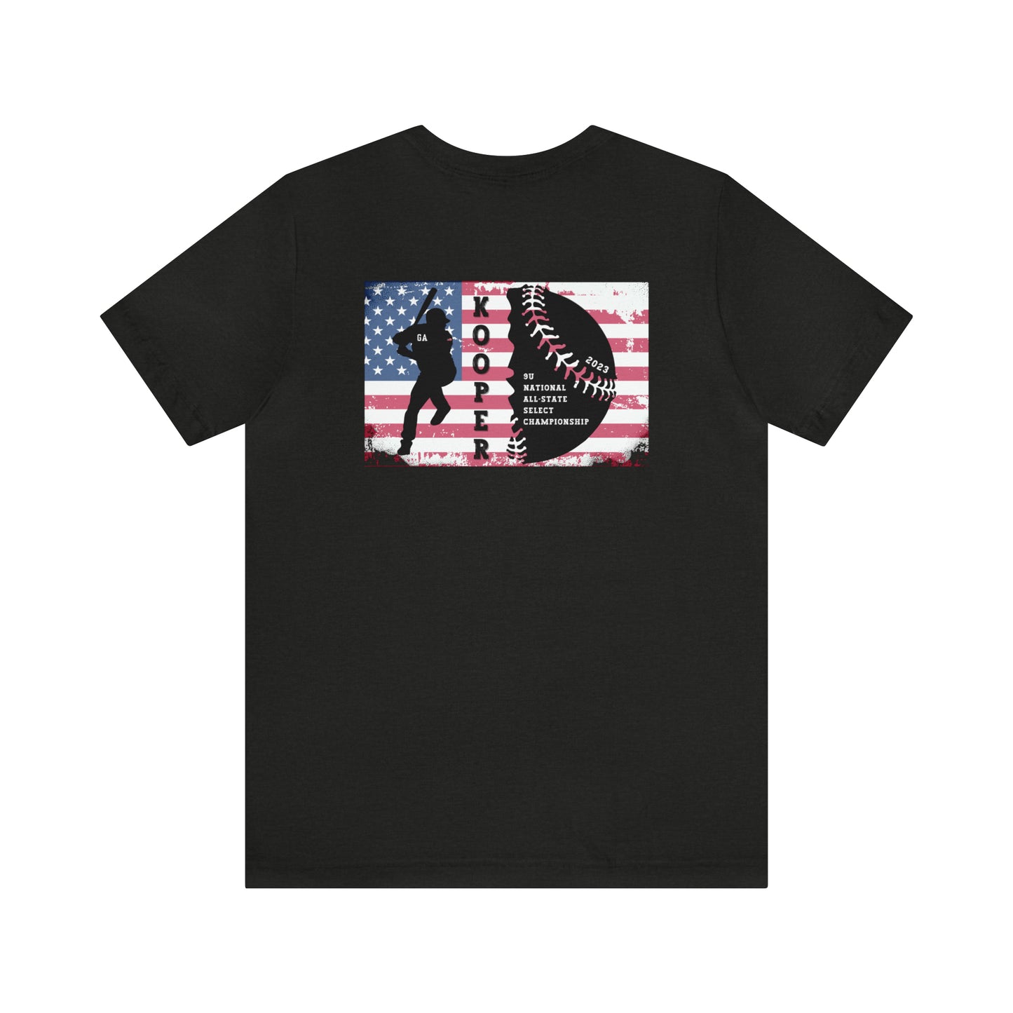 2023 Home Plate on the front - Kooper with U.S. flag and tourney on the back - Unisex Jersey Short Sleeve Tee