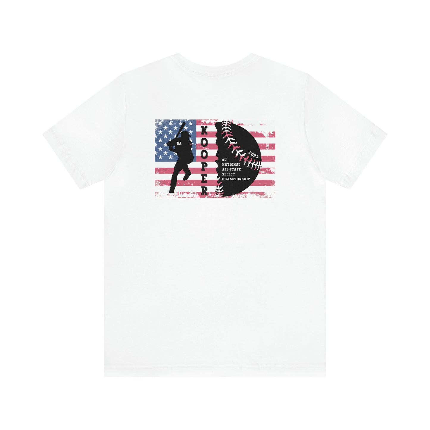 2023 Home Plate on the front - Kooper with U.S. flag and tourney on the back - Unisex Jersey Short Sleeve Tee
