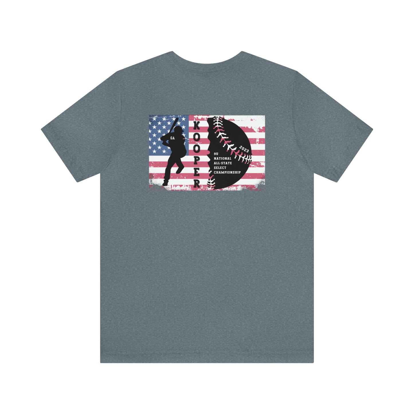 2023 Home Plate on the front - Kooper with U.S. flag and tourney on the back - Unisex Jersey Short Sleeve Tee