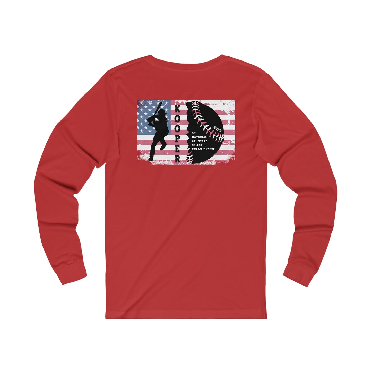 2023 Home Plate on the front - Kooper with U.S. flag and tourney on the back - Unisex Jersey Long Sleeve Tee