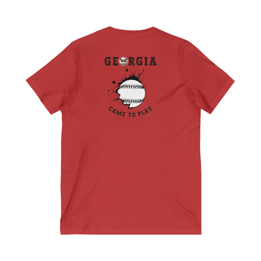 2023 Mean Baseball on the front - GEORGIA CAME TO PLAY with breaking out baseball on the back - Unisex Jersey Short Sleeve V-Neck Tee