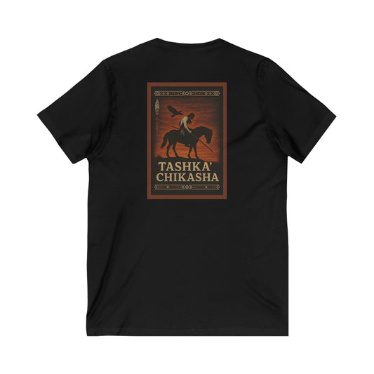Tashka' Chikasha - Chickasaw Warrior - Adult - Unisex V-Neck T-shirt - Graphic on Back