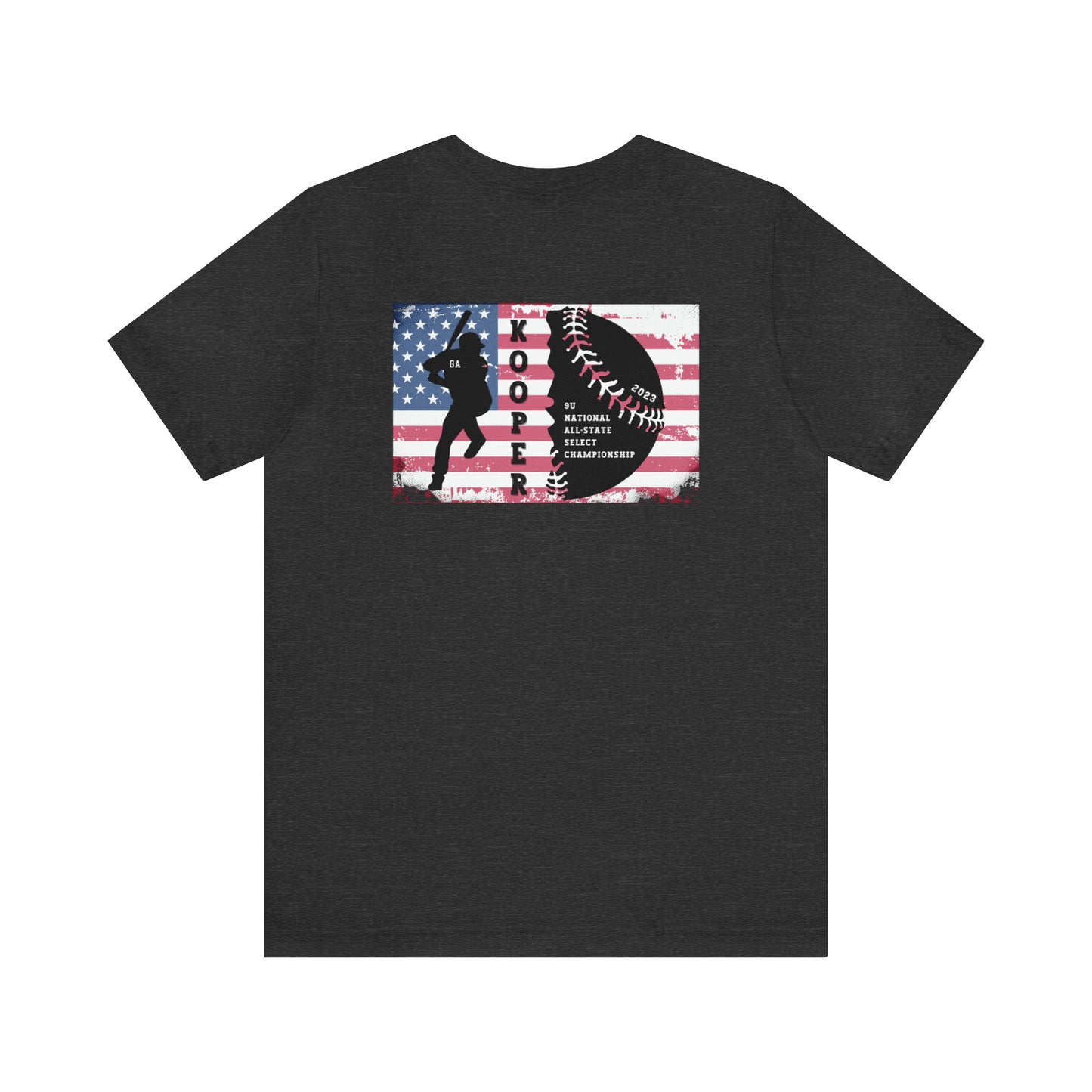 2023 Home Plate on the front - Kooper with U.S. flag and tourney on the back - Unisex Jersey Short Sleeve Tee