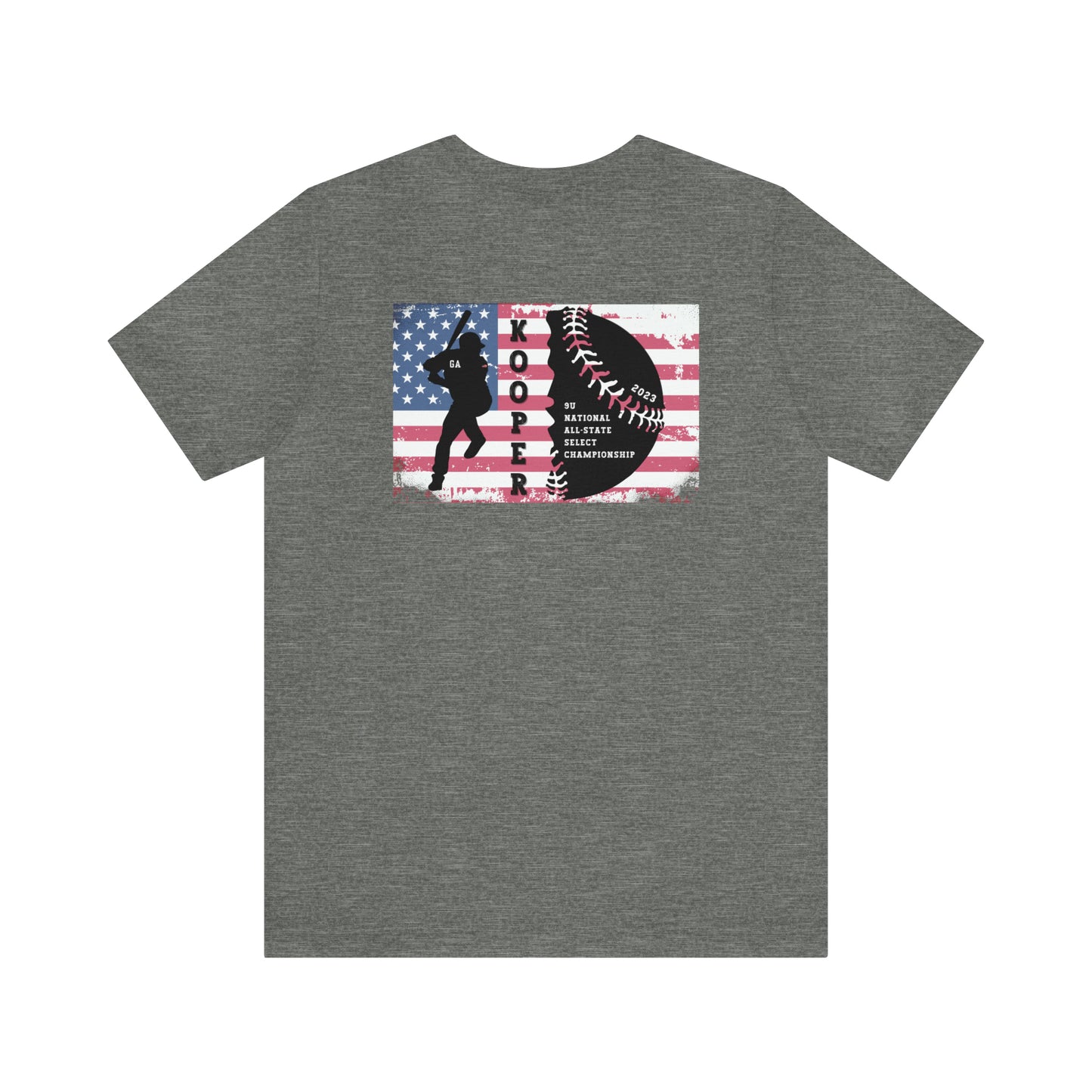 2023 Home Plate on the front - Kooper with U.S. flag and tourney on the back - Unisex Jersey Short Sleeve Tee