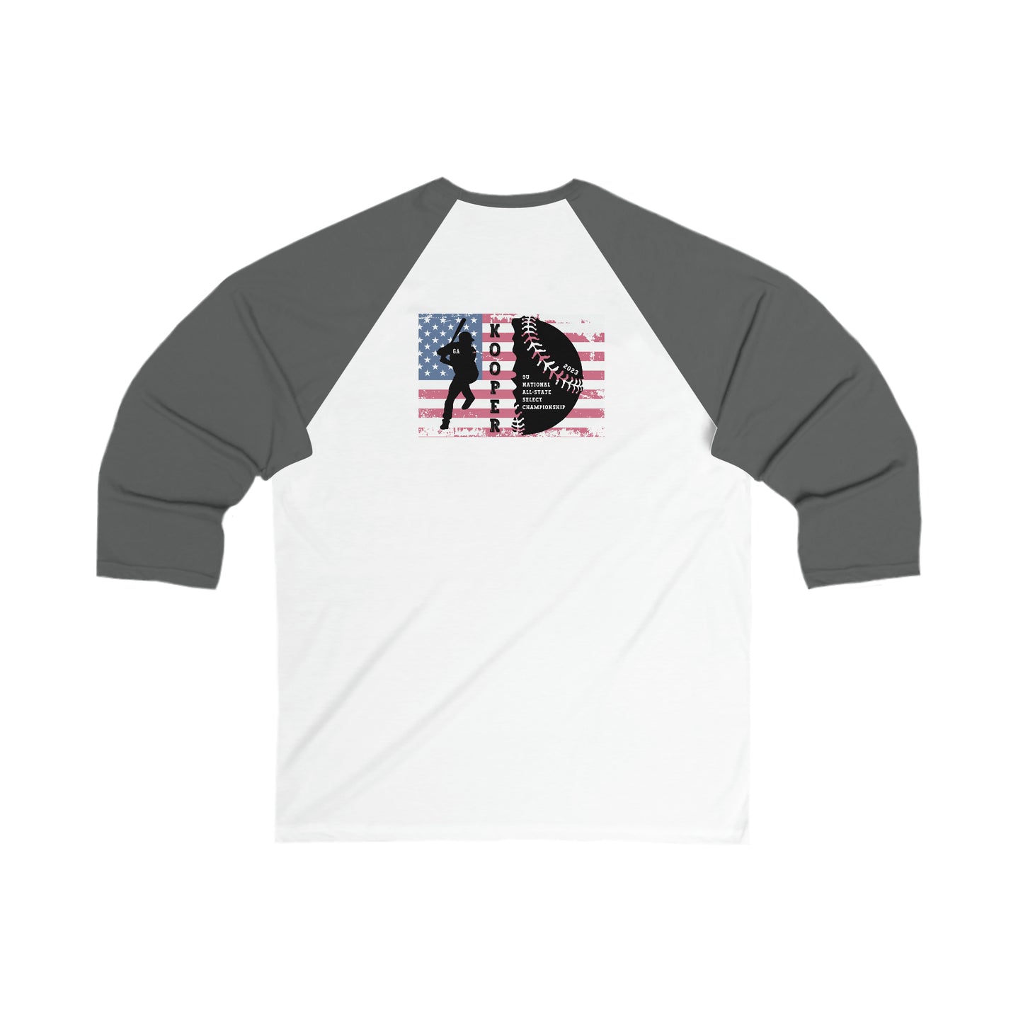 2023 Home Plate on the front - Kooper with U.S. flag and tourney on the back - Unisex 3\4 Sleeve Baseball Tee - *** Runs small