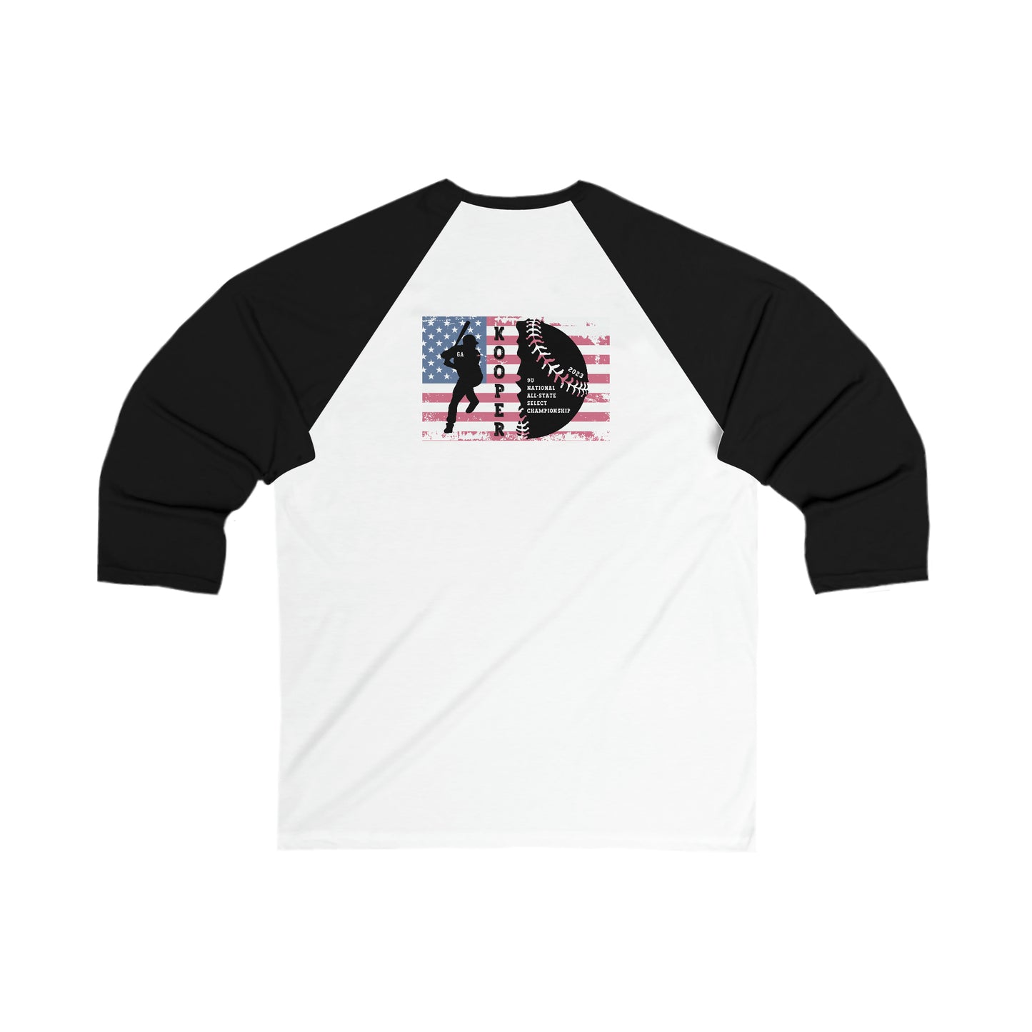 2023 Home Plate on the front - Kooper with U.S. flag and tourney on the back - Unisex 3\4 Sleeve Baseball Tee - *** Runs small