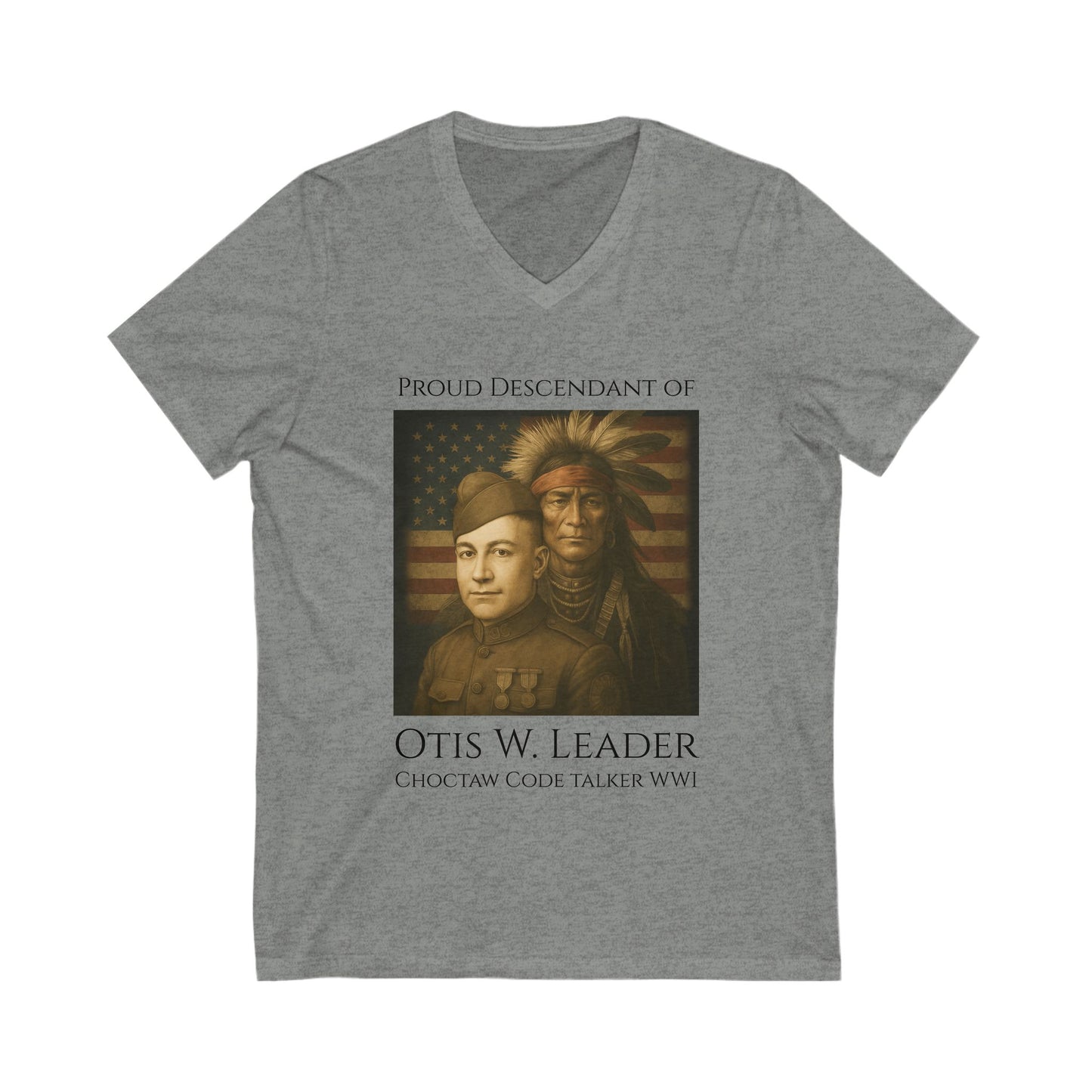 Descendant of Otis W. Leader - Adult - V Neck T shirt - Graphic on Front