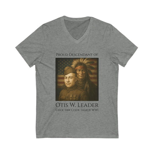 Descendant of Otis W. Leader - Adult - V Neck T shirt - Graphic on Front
