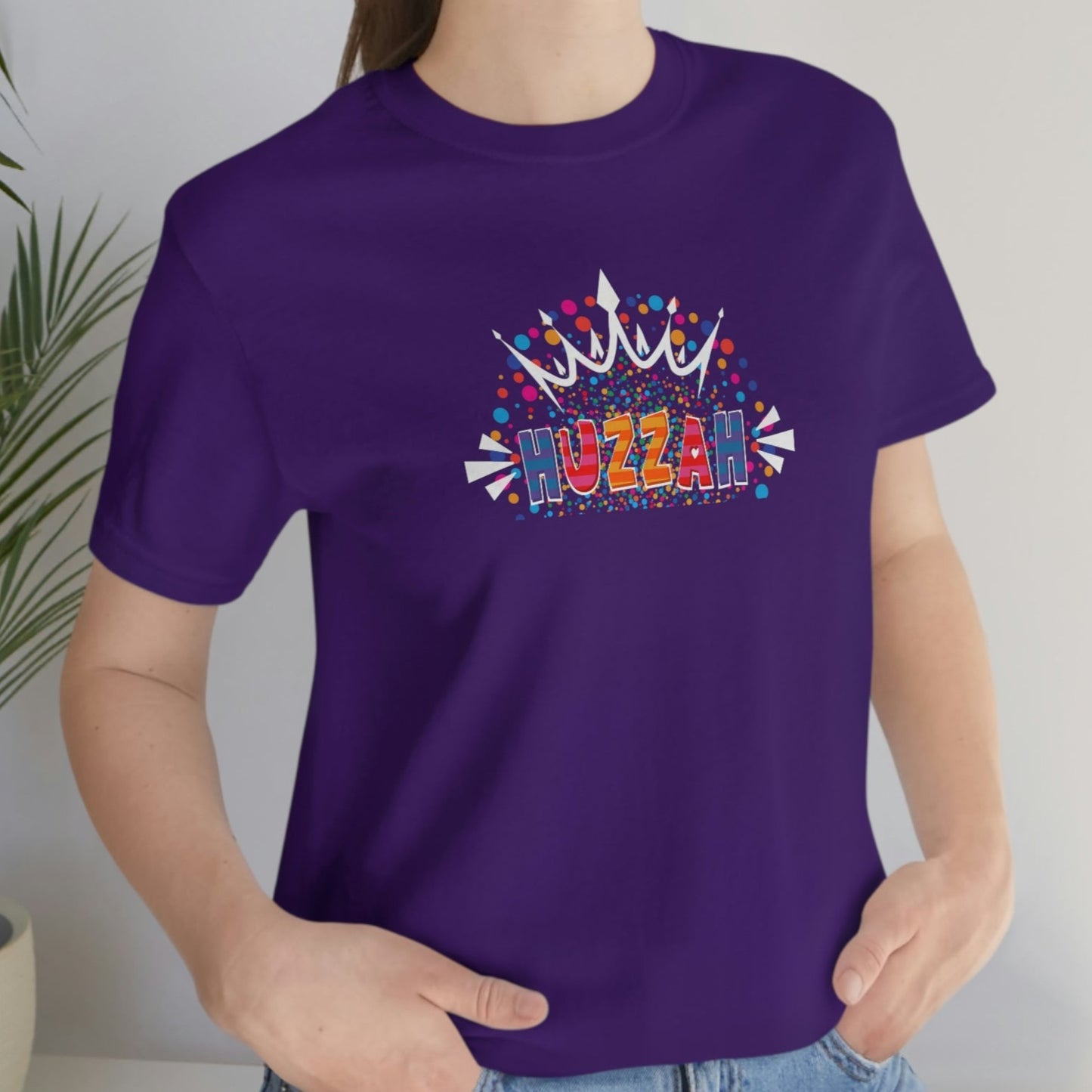 HUZZAH - Colorful with White Crown - Dark T - on front