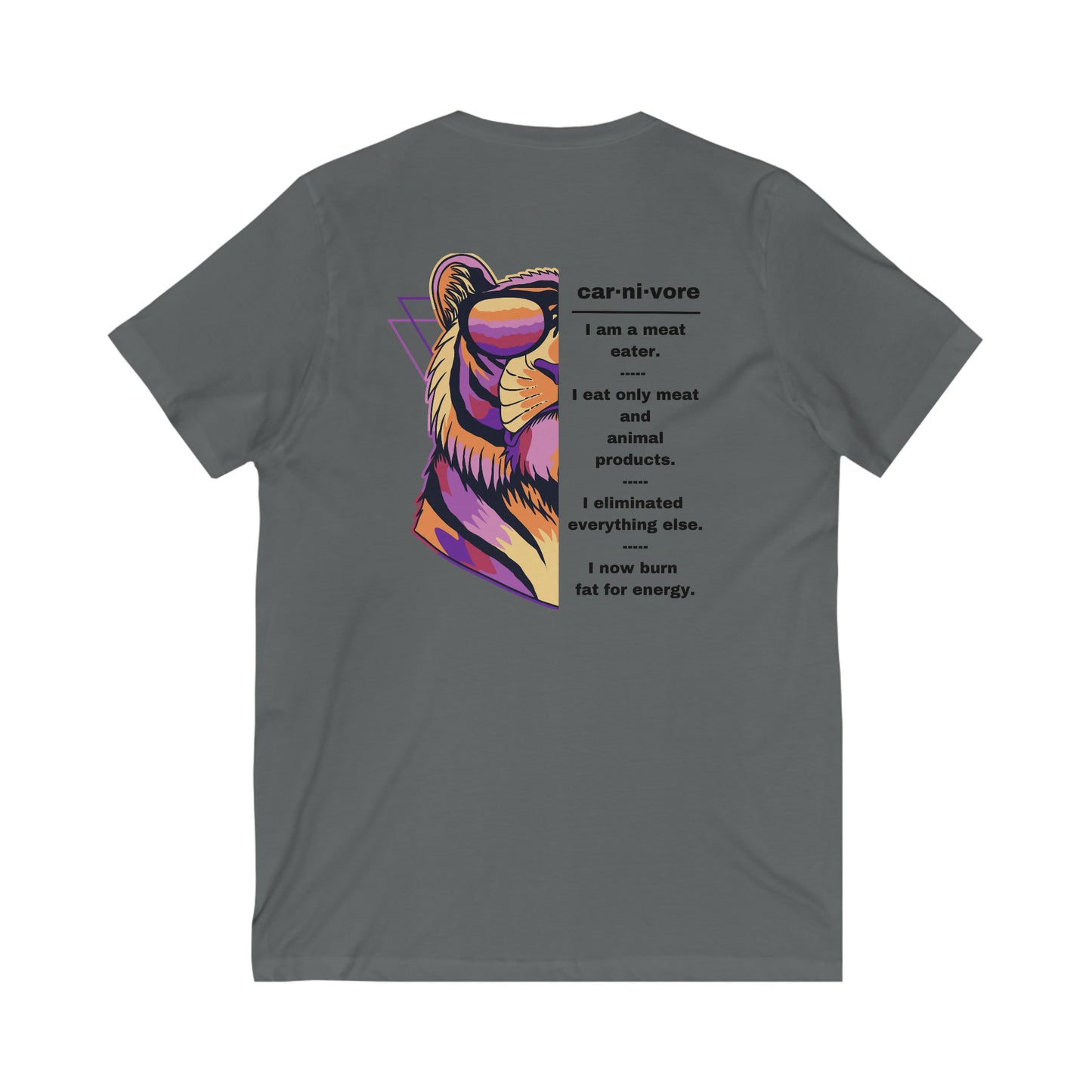 CARNIVORE - Colorful Lion with Sunglasses - V Neck - with explanation - on back