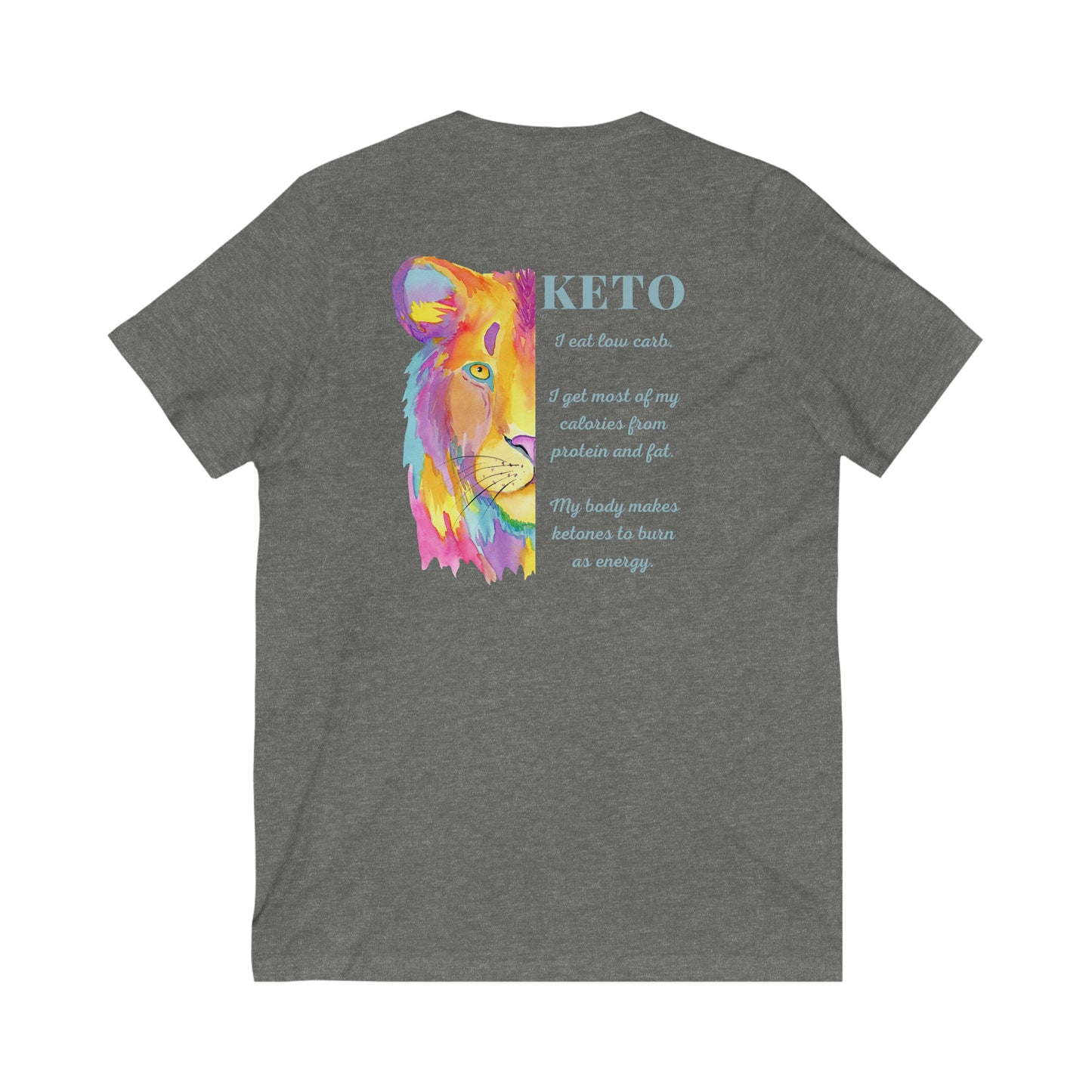 Keto - 1/2 Colorful Lioness with explanation - Colored T - V neck - on back