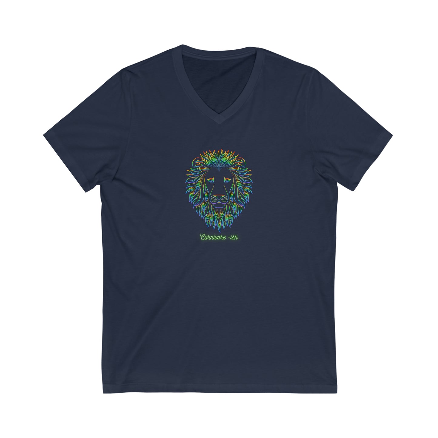 Carnivore -ish - V Neck - Dark T - Colorful Lion Face & Mane - on front
