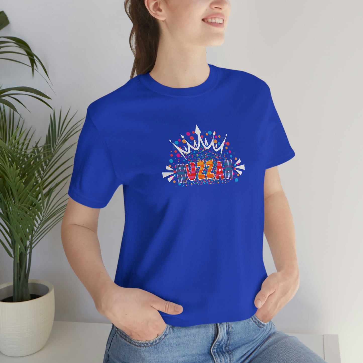 HUZZAH - Colorful with White Crown - Dark T - on front