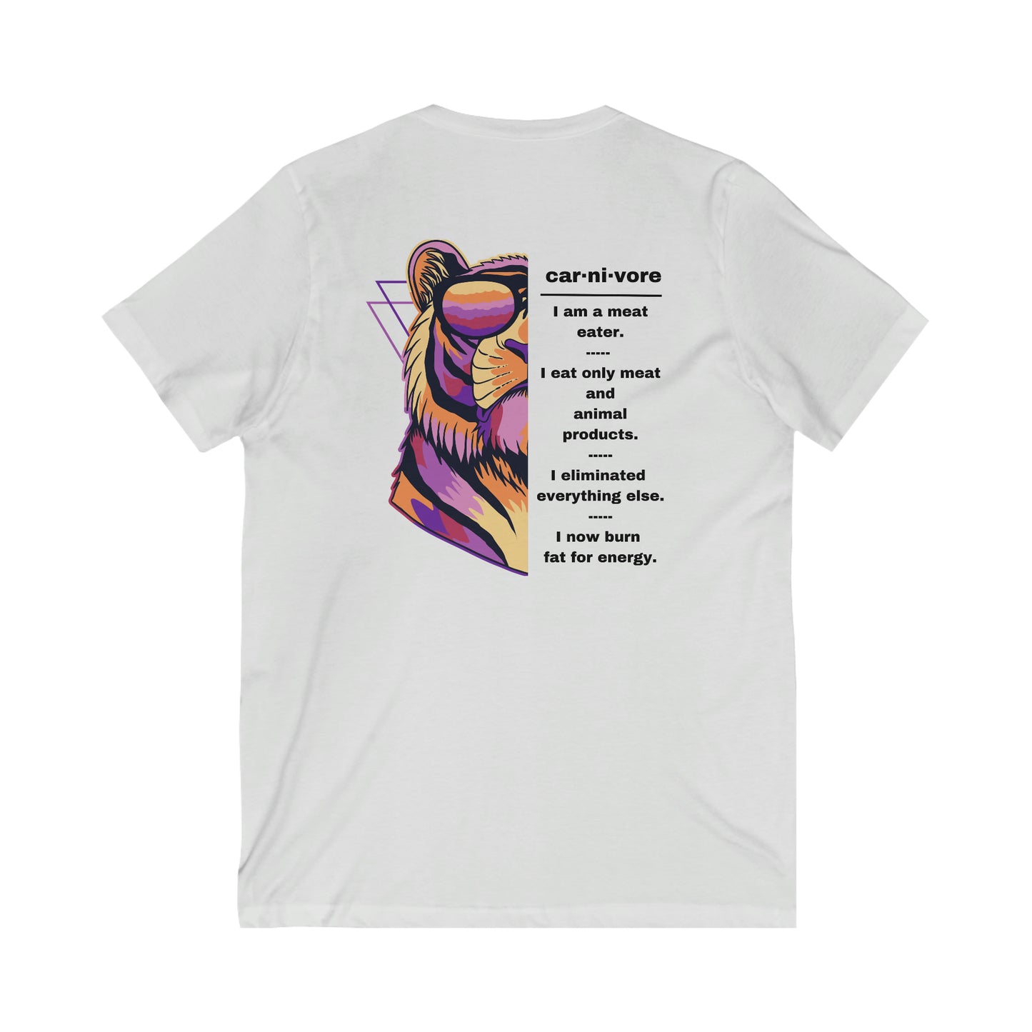 CARNIVORE - Colorful Lion with Sunglasses - V Neck - with explanation - on back