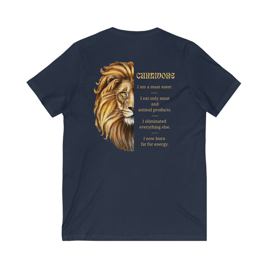 Carnivore Lion Head - Dark T - V Neck - with explanation - on back