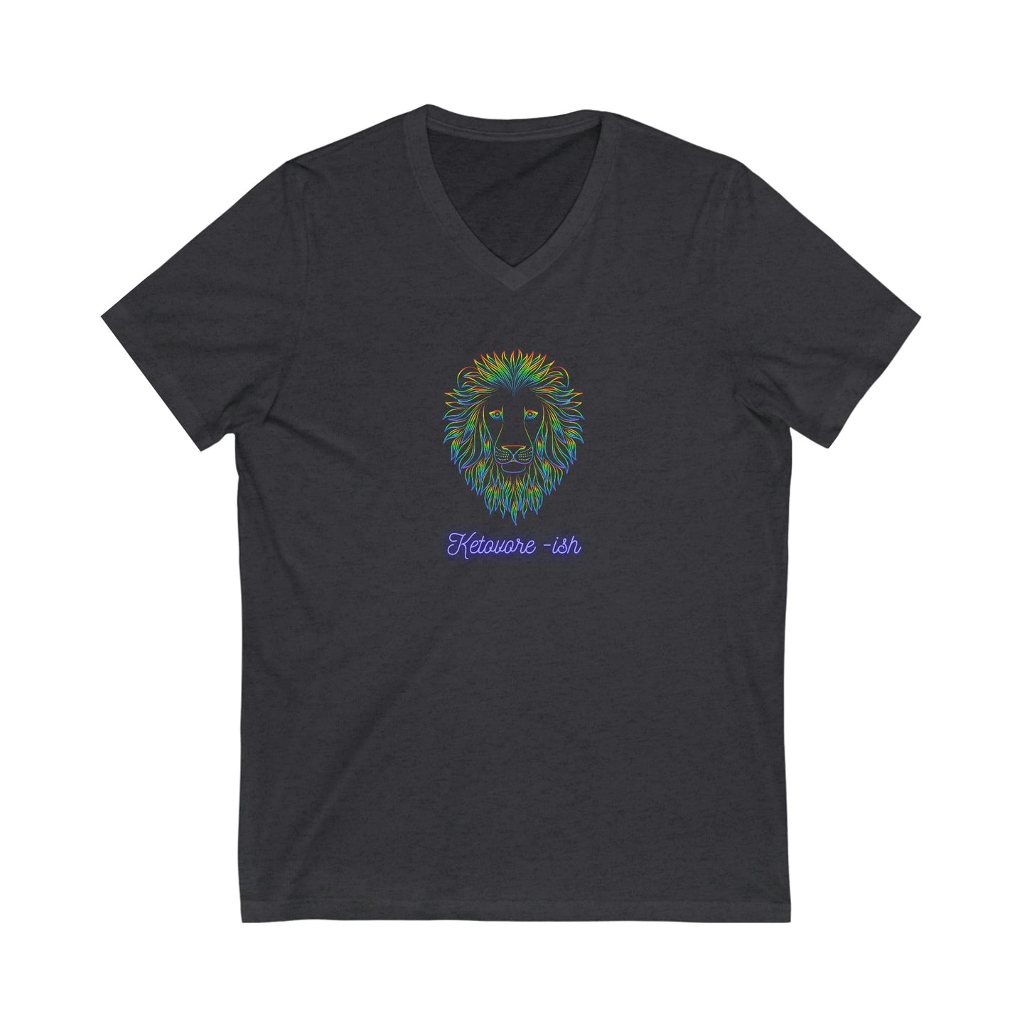 Ketovore-ish - V Neck - Dark T - Colorful Lion Face & Mane - on front
