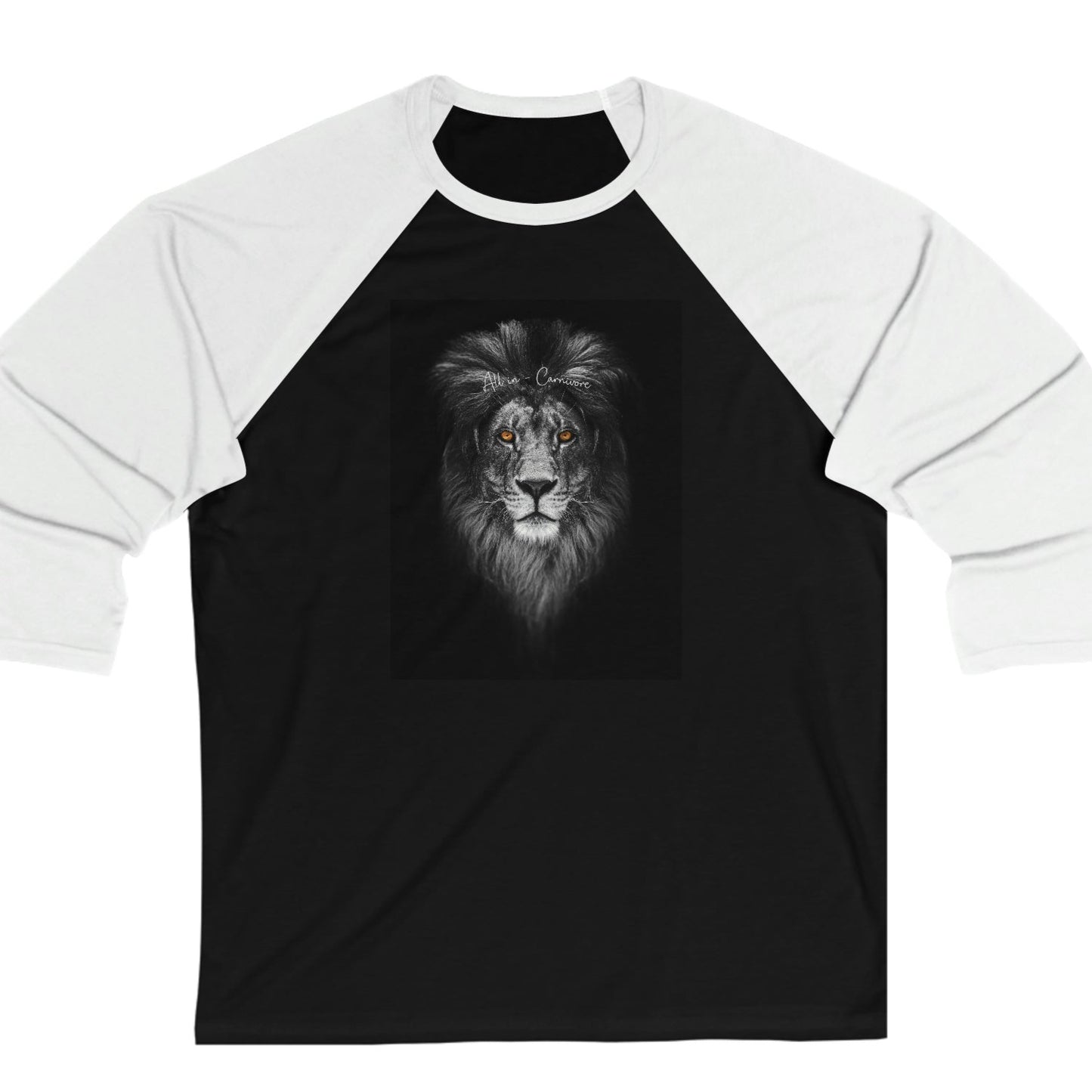 All In - Carnivore - Baseball T - 3/4 Sleeves - Black & White Lion - on front