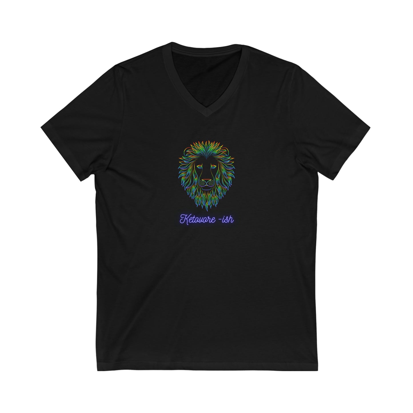 Ketovore-ish - V Neck - Dark T - Colorful Lion Face & Mane - on front