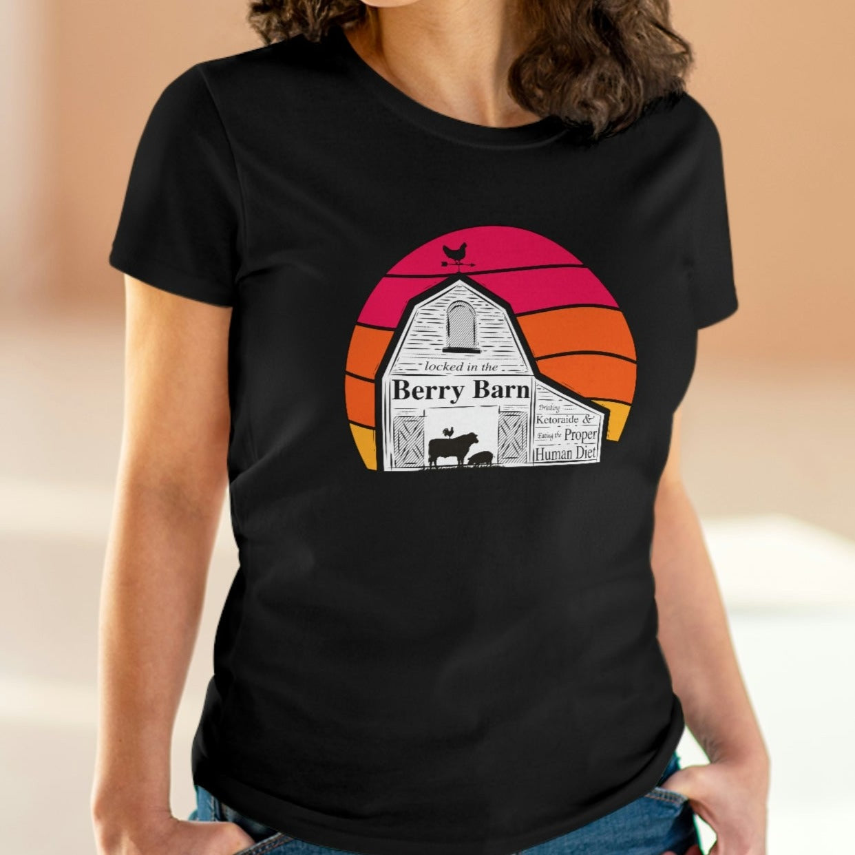 Locked in the Berry Barn - with Retro Sun - Colored T - Semi Fitted Silhouette - on front