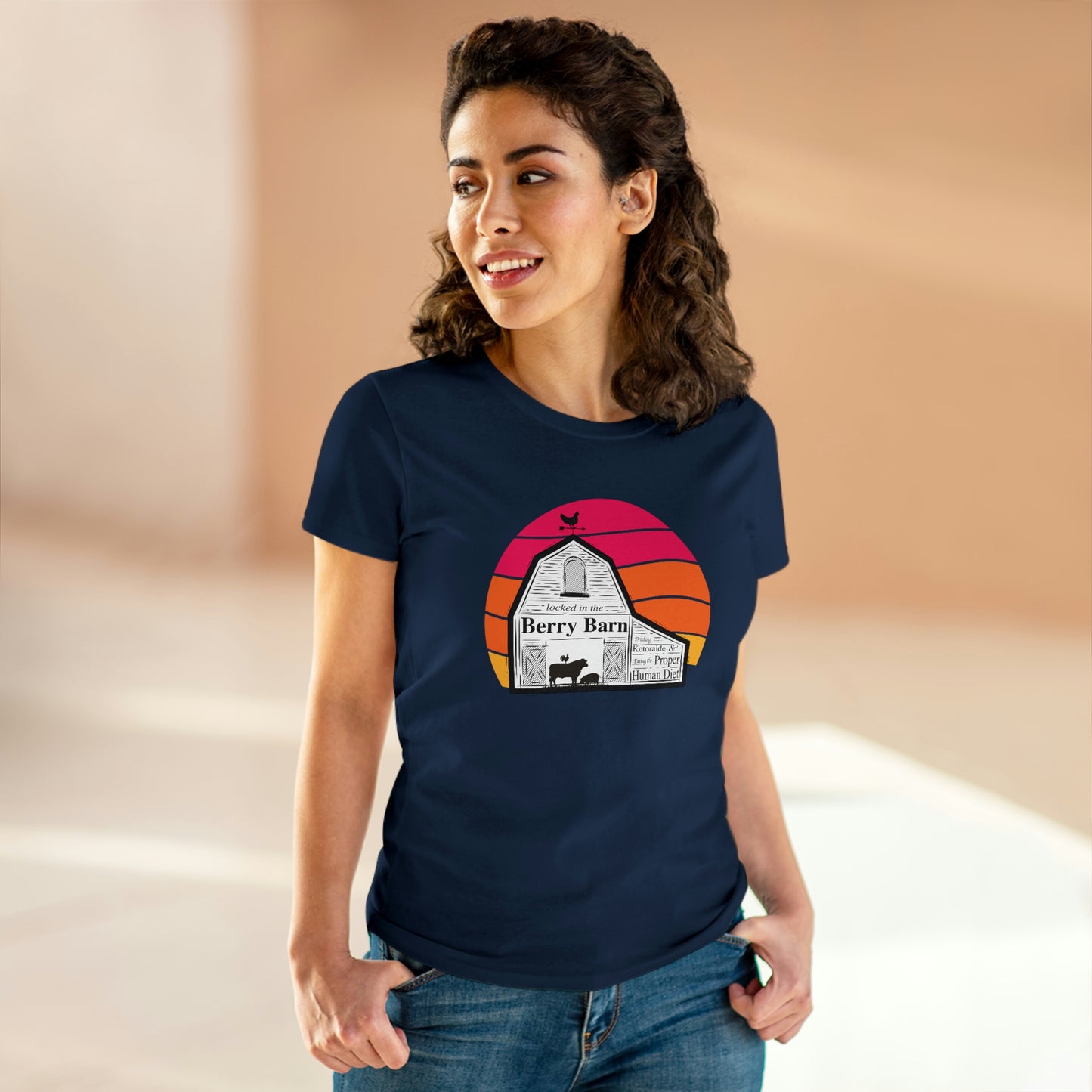 Locked in the Berry Barn - with Retro Sun - Colored T - Semi Fitted Silhouette - on front