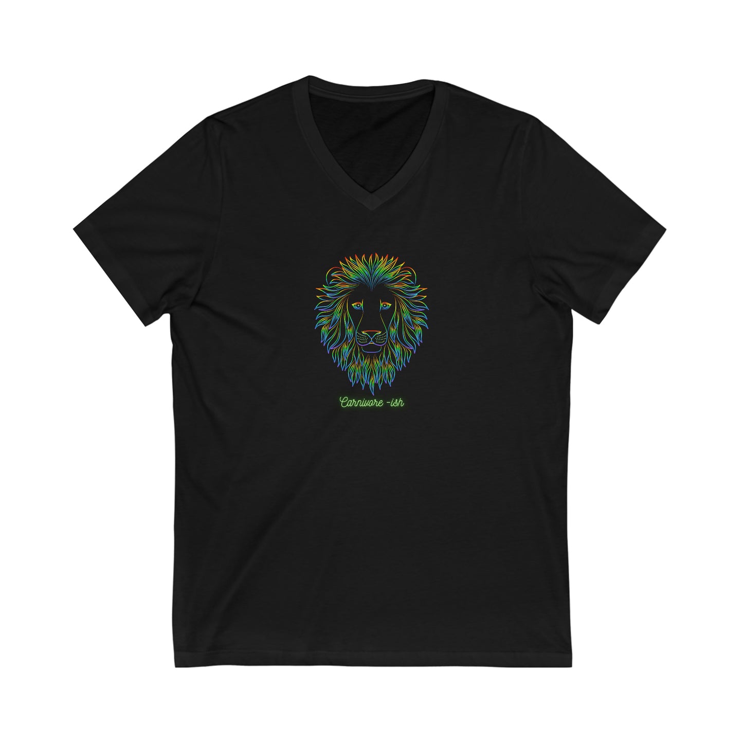 Carnivore -ish - V Neck - Dark T - Colorful Lion Face & Mane - on front