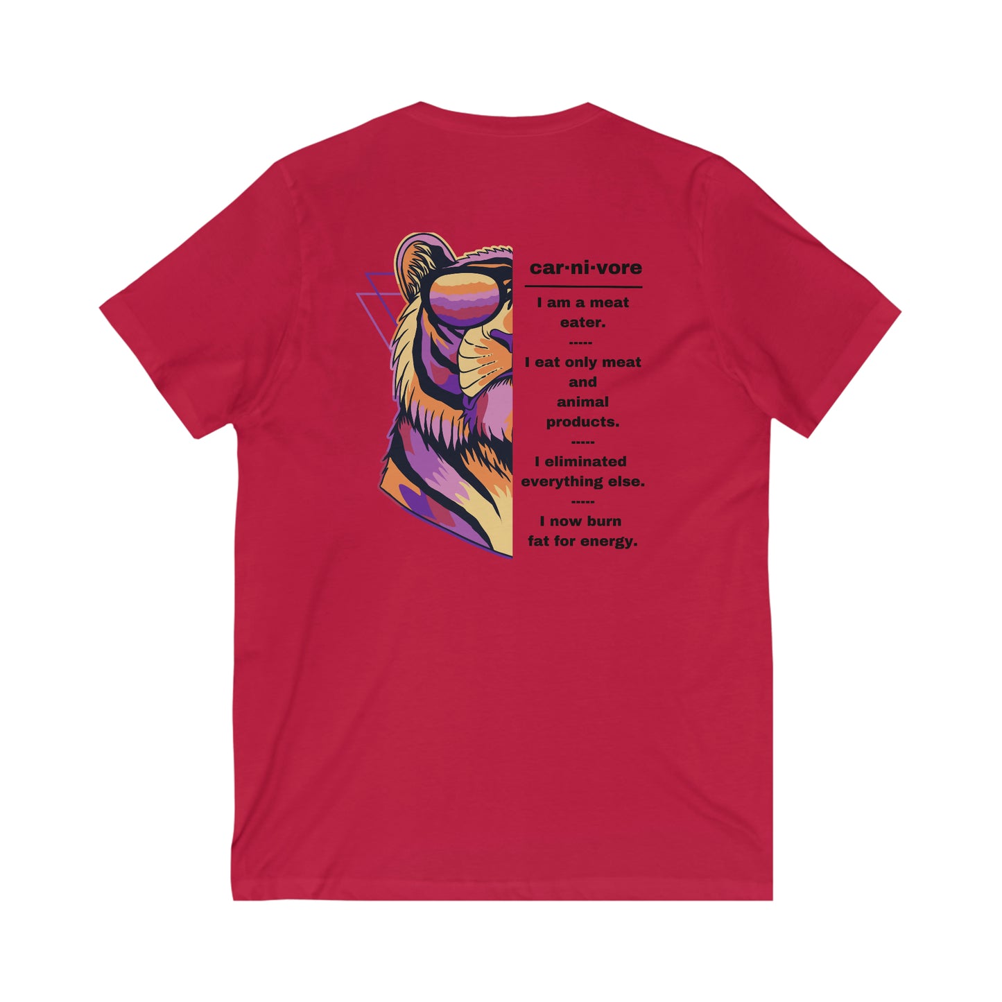CARNIVORE - Colorful Lion with Sunglasses - V Neck - with explanation - on back