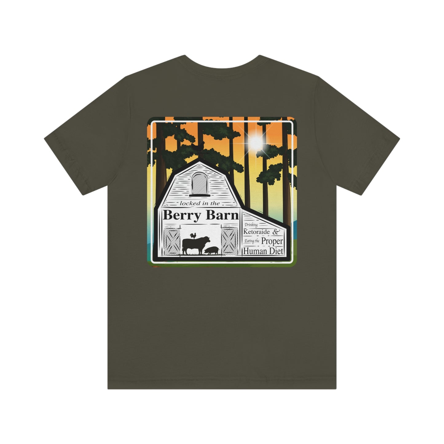 Locked in the Berry Barn - with trees - Colored T - on back