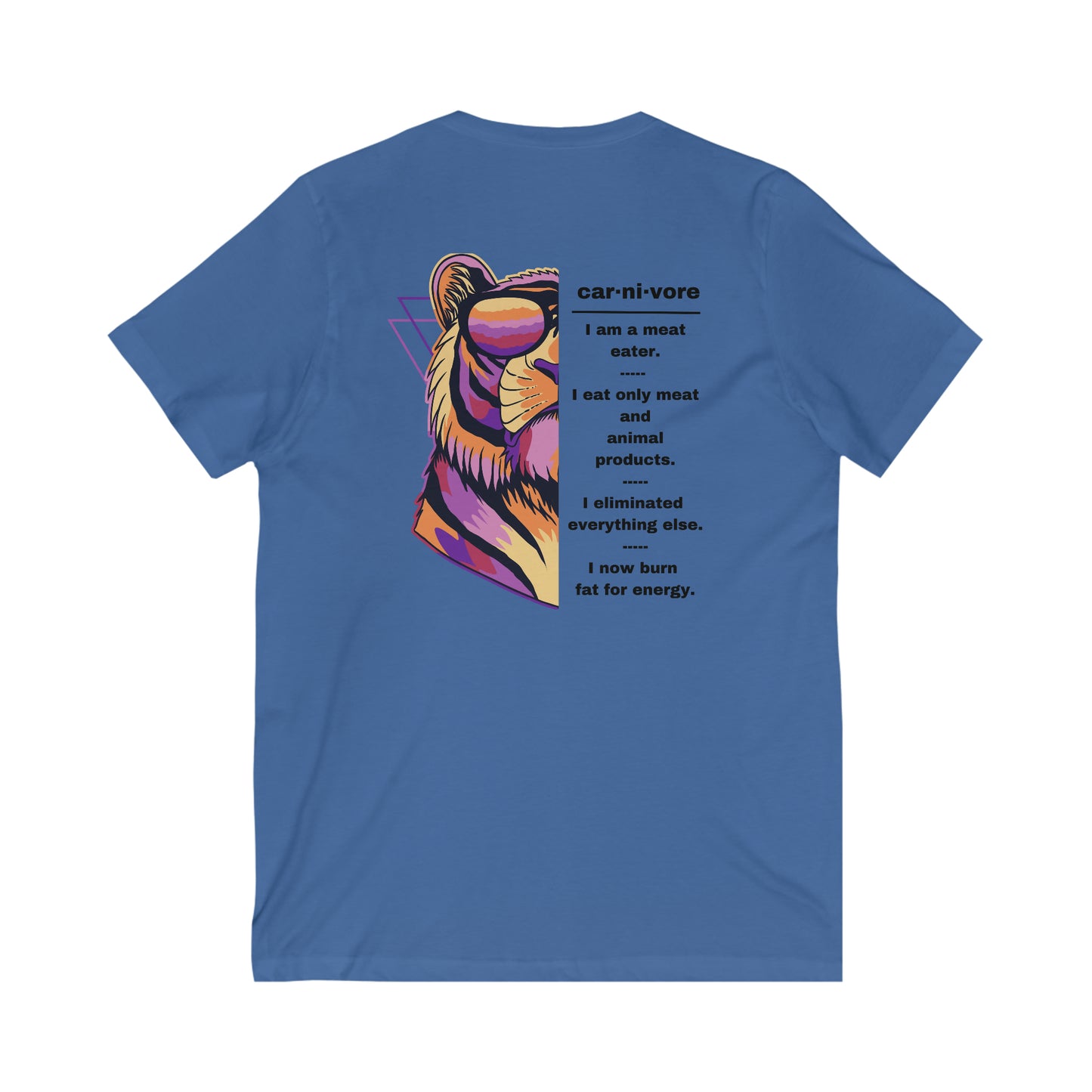 CARNIVORE - Colorful Lion with Sunglasses - V Neck - with explanation - on back