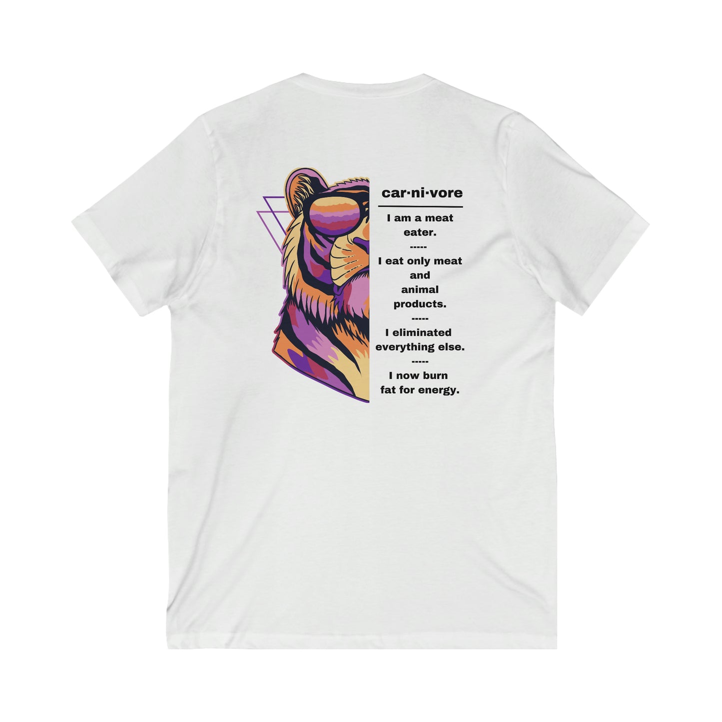 CARNIVORE - Colorful Lion with Sunglasses - V Neck - with explanation - on back