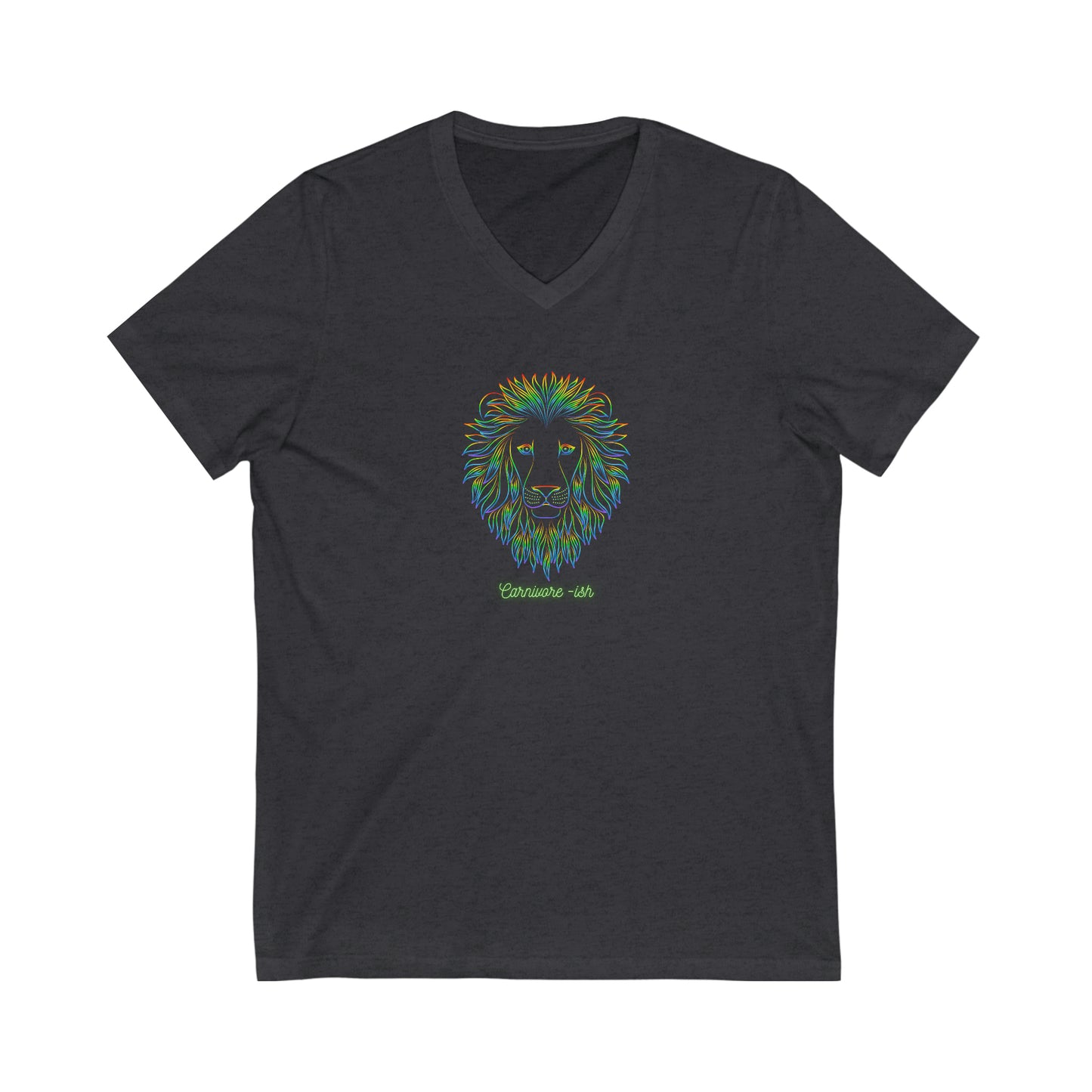 Carnivore -ish - V Neck - Dark T - Colorful Lion Face & Mane - on front