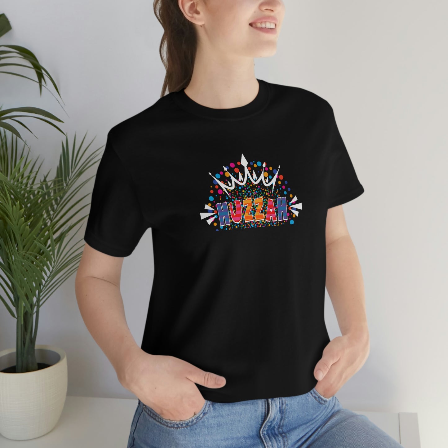 HUZZAH - Colorful with White Crown - Dark T - on front